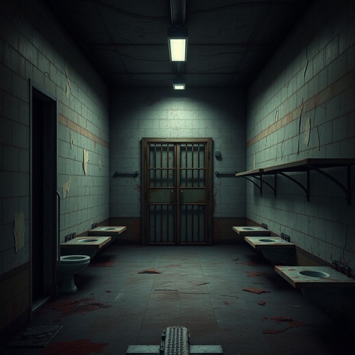 Create this background hall inside was dim, paint peeling in sheets. A metal door led to the cell block.  Six cells, all empty. A cracked toilet in each. Rusty bunks, stale air, dust everywhere. No character just background 