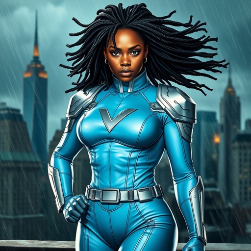 African American female superhero with locs in a shoulder length style wearing a leather slightly armored light blue and silver suit with light blue pants and silver boots and a V as her chest emblem standing in Philadelphia during a storm