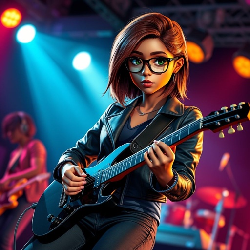 A teenage darker skinned African American woman with glasses shoulder length brown hair with highlights in a side part style wearing black leather jacket with blue accents black jeans a dark blue shirt on a stage playing a Flying V electric guitar with a band