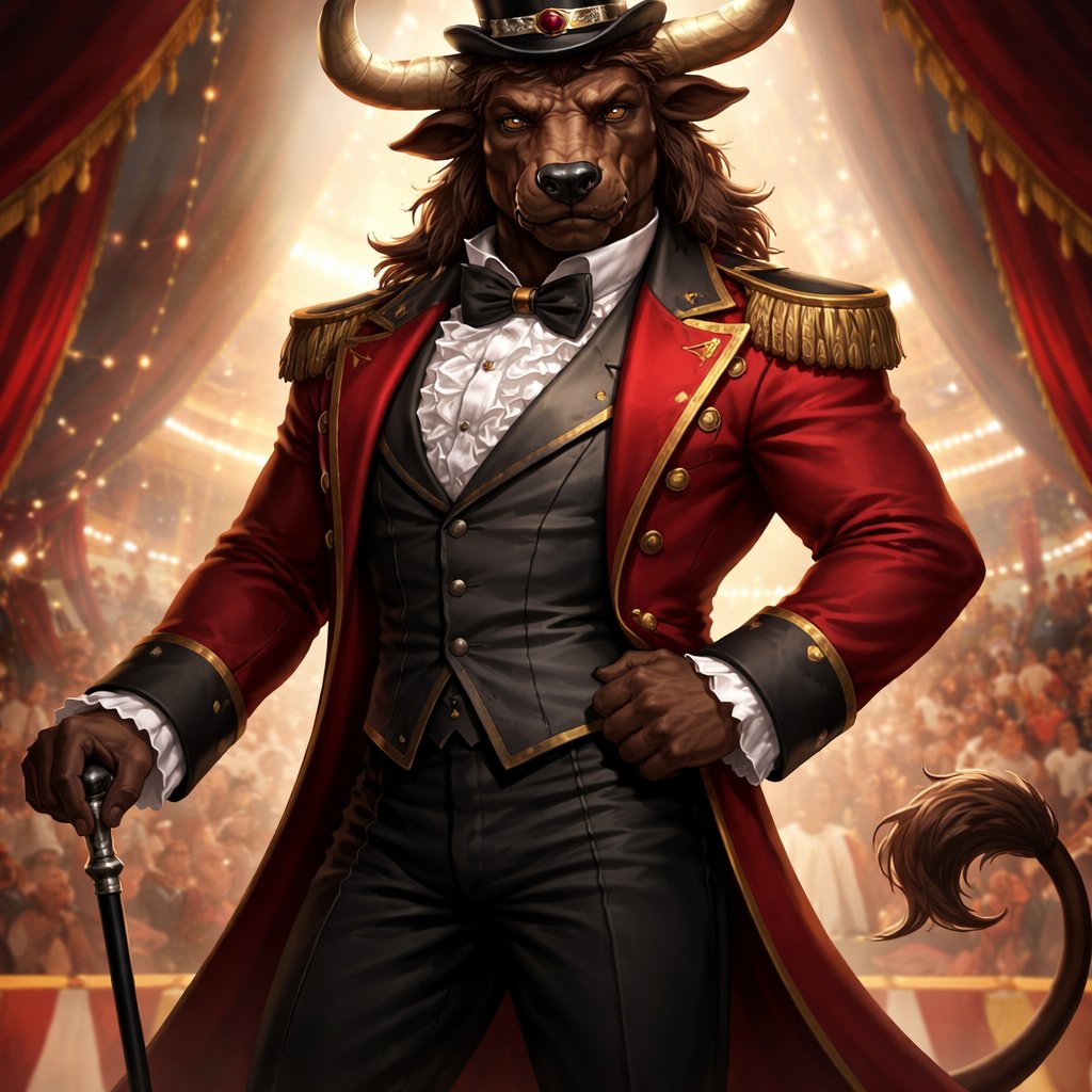 A captivating chestnut brown male Minotaur that’s 6 1/2 feet tall with well~proportioned figure/body with deep set cattle like brown eyes, large powerful gleaming horns like his fathers, a , long tail. He works at freak show as the ringmaster and his abilities are Reality Rejection, Time Manipulation (Chronokineses), Zoolingualism (Language of Cattle only), Human Speech. His outfit consists of a crimson tailcoat, frilly shirt, stunning grey blazer, black pants and top hat.