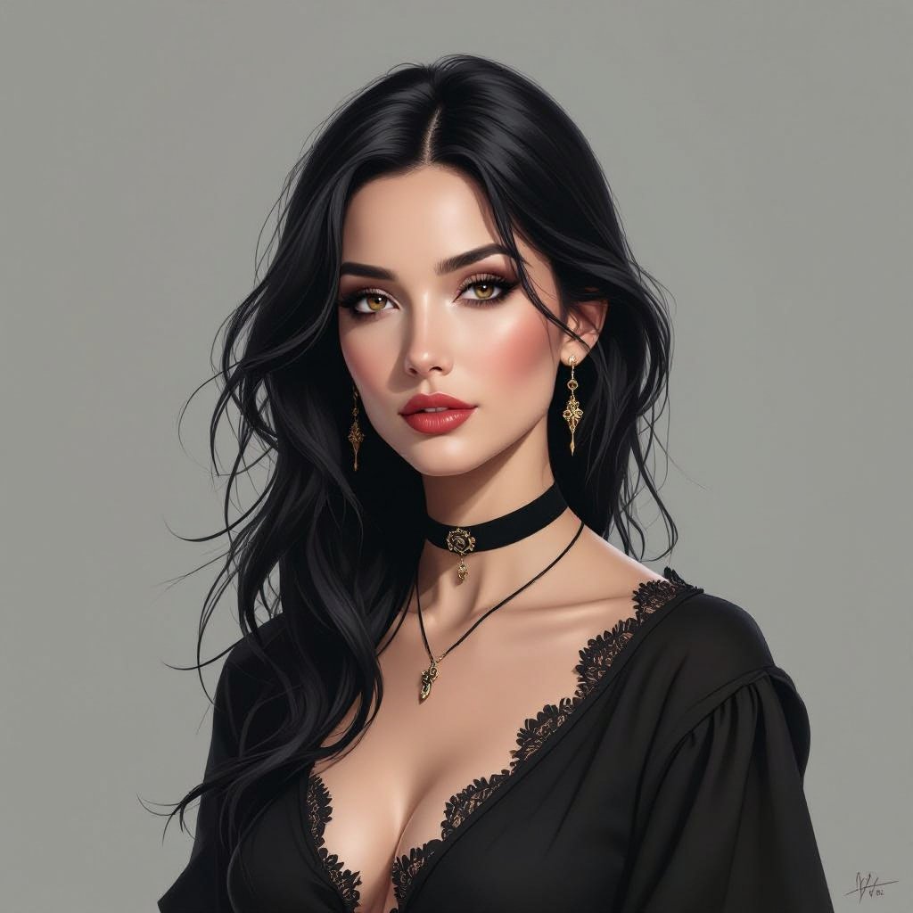 Show character head to toe. Create a mid age fantasy woman jet-black hair is cut sharpand her eyes seem to pierce through darkness. A shadowy aura clings to her form,