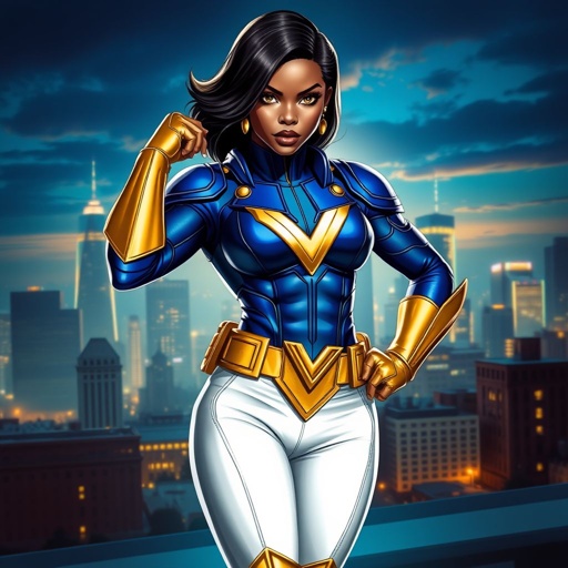 African American female superhero with hair  in a shoulder length side part hairstyle with pure Gold Glowing eyes wearing  slightly armored white royal blue and gold accented suit with white pants and gold knee length boots with a utility belt with a gold V  as her chest emblem in Philadelphia 
