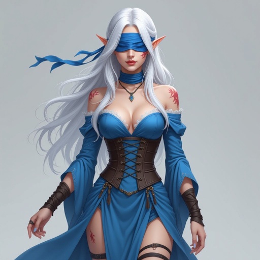 She is an Elvin wizard age 19. She is 5’6 and She has platinum hair that is long. She had a blue cover over her eyes. She has scars on her face and neck. She is wearing a blue dress to match the blind fold. The dress has two leg slits and is a corset she has flowy sleeves that cover her arms completely 