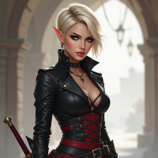 Blonde pixie cut Female High Elf Assassin in Black and Red Leathers and Skirt full body