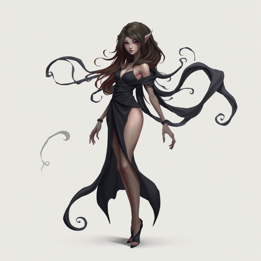 Create character hero Veyra of Shadows – A lithe, mysterious woman draped in layered black silks that move like smoke around her. With jet-black hair. Show her whole body head to toe including her shoes.