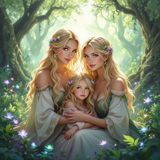 Twin women’s with blond hair with their family and children 