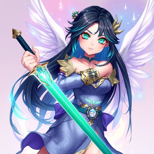A mildly pale teenage girl. Angelic two-piece clothing, glowing emerald eyes, hair as black as the midnight sky with cyan tips carrying a legendary sword in a striking position