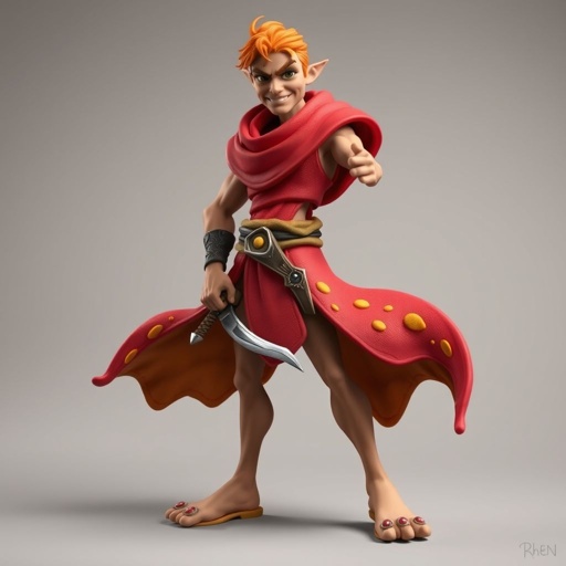 Create handsome hero  Rhen the Fire – A lean, muscular man. He wears layered, flowing desert robes dyed in warm reds and golds, with scorch marks where flames have licked them. A curved blade hangs at his hip.  Show whole body head to toe including her shoes.