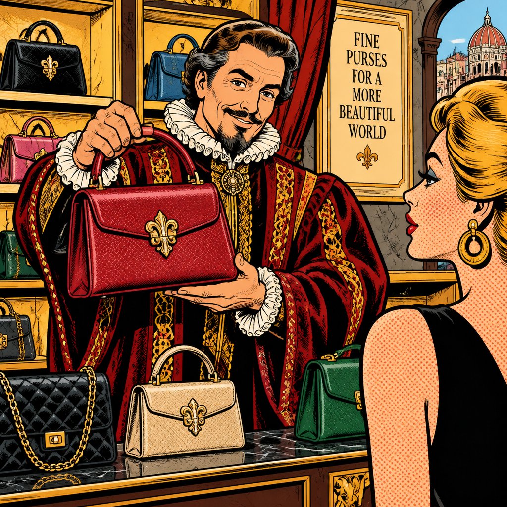 A very high-end boutique, a gentleman salesman dressed in ornate Renaissance robes is behind the counter. He’s holding a fashionable woman’s purse toward the camera. There are several other purses on the counter and behind him no speech bubble no print, dots vivid colors, highly realistic.