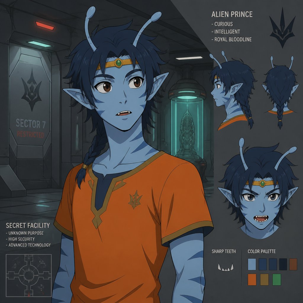 Anime Alien prince with light blue skin and a slightly darker blue stripes, brown eyes really dark blue hair messy and in a braid two antennae and sharp teeth small golden band around head with a green stone in the middle wearing an orange shirt, currently in a secret facility he is curious