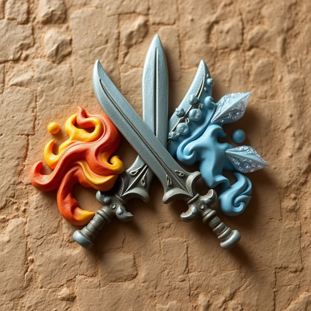 2 swords crossed no human with fire and ice coming from them
