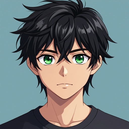 Male. 15 years old. Black hair. Green eyes. 