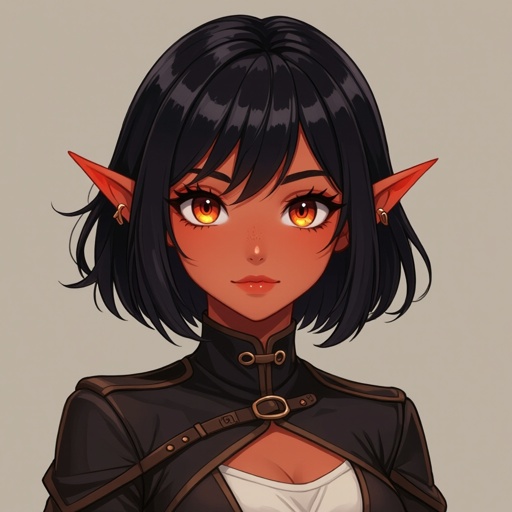 
A female tiefling with short black hair in a bob cut with bangs has red skin and orange eyes, tiefling rogue, female tiefling, red skinned female, female with black hair, female with orange eyes, tiefling female, female rogue, dnd rogue, dnd female,