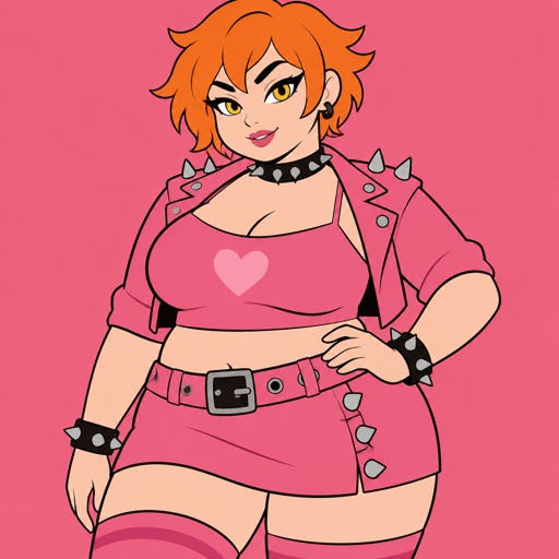 Female, short orange hair, chubby, yellow eyes, wears pink, spikes