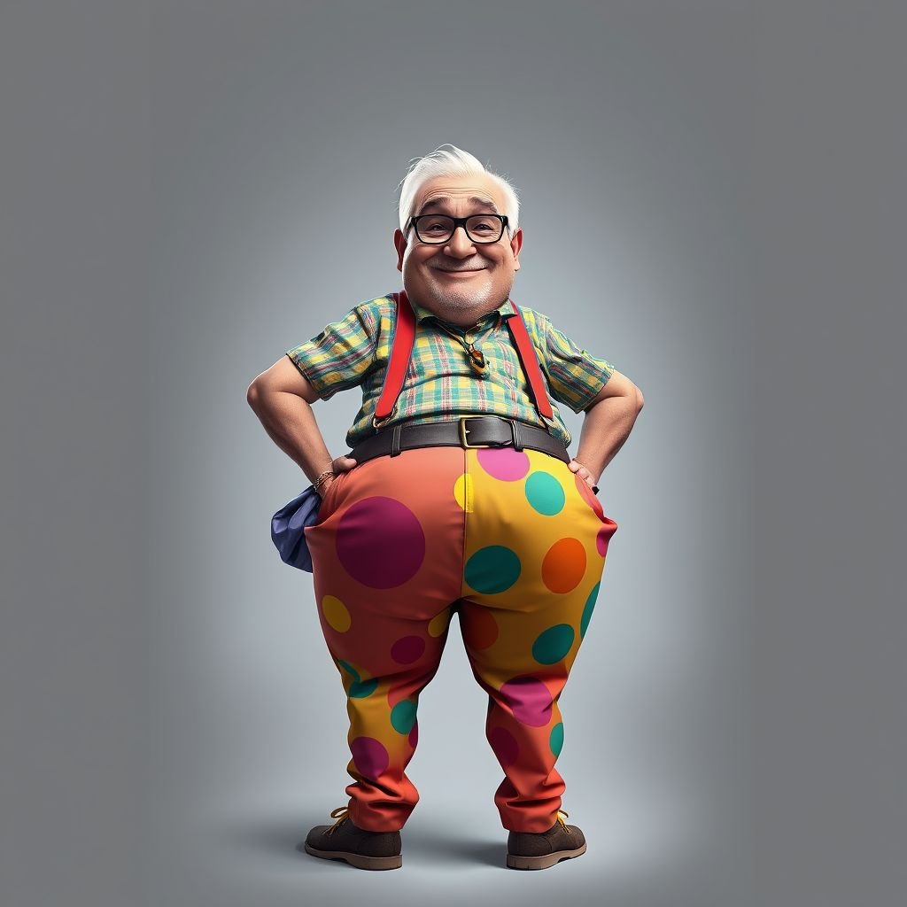 Create a funny looking man with slightly big buttock through pants called pamper butt
