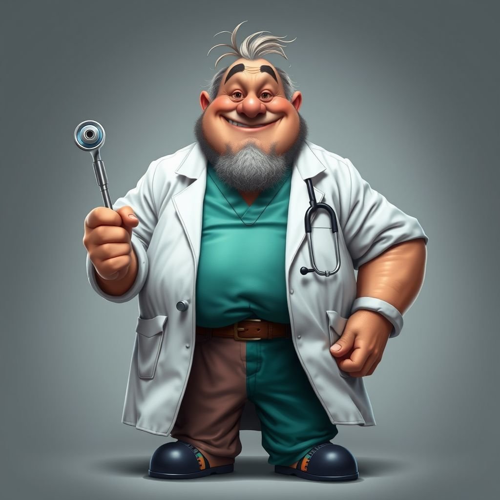 .. create a fat doctor. Who is funny human looking from head to toe. And he always immediately results to surgery for anything even small things. So please be sure to show his whole outfit head to toe. Make him have 1 tooth. Make it more adult humor instead of cartoon humor.