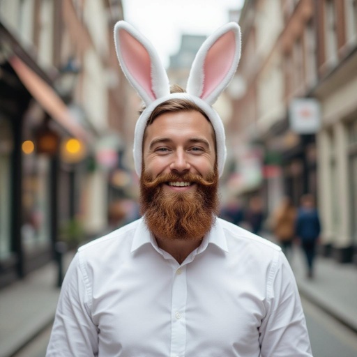A  man with a beard and white rabbit ears 