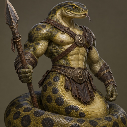 His name is Anacon. He is a large green  Anaconda warrior, muscular.