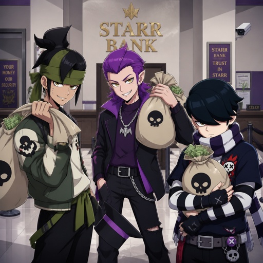 Kenji, Mortis and Edgar from brawl stars wearing modern clothes, robbing a bank