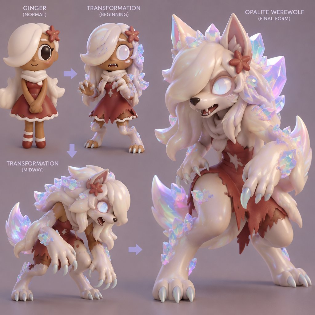 Ginger from dandy’s world turning into a opalite werewolf