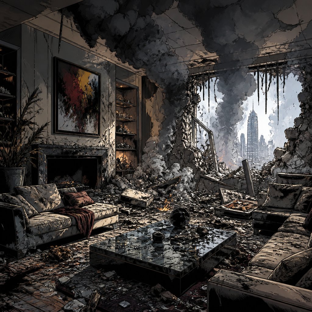 No speech bubbles vivid colours no print dots. The interior of a contemporary high-end living room destroyed by a bomb. There was smoke in the ruin, highly realistic, vivid colors.