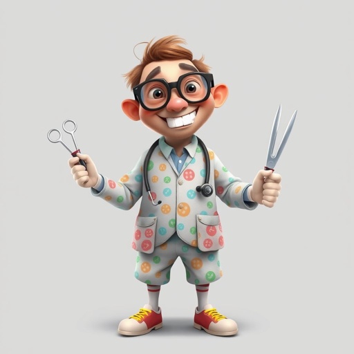 create a doctor. Who is funny human looking from head to toe. And he always immediately results to surgery for anything even small things. So please be sure to show his whole outfit head to toe. Make him have only 1 tooth