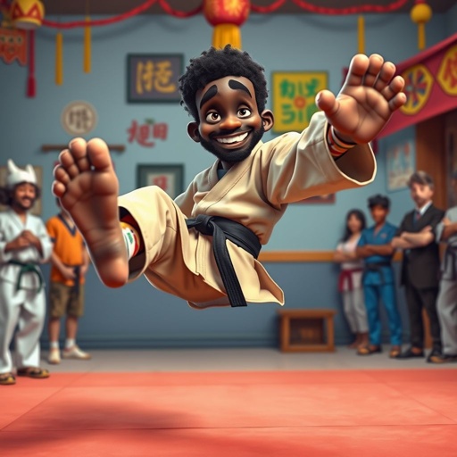 Create a character who looks like a funny African karate guy who doesn’t have a clue what he is doing. Make him have weird toes