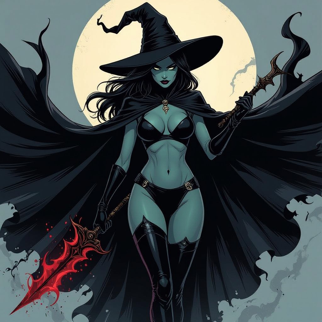 sexy shadow demon witch gypsy slate grey skin large black billowing cloak that emits darkness and shadow. Two piece. Witches Hat.  Wields Evil  Flamberge