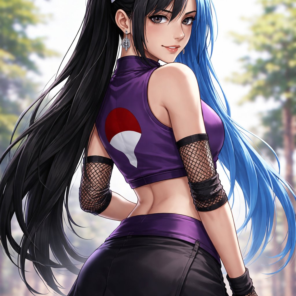 A girl that looks like itachi uchiha, has the konoha headband as a hair tie, has part blue and part black hair, one eye black and the other white, and uses ino yamanaka clothe style and the uchiha logo