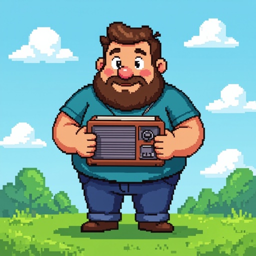 Create a funny fat guy who is has a book box radio 
