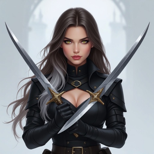 22 year old female with light hazel eyes, brown hair that fades to silver at the tips, black military outfit both hands holding knives
