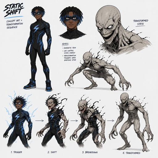 Male superhero with fear manipulation, cool costume, can transform into a terrifying humanoid sharp teeth big smile no hair, mask, African American, teenager, dreads blue tips, multiple of the same character 