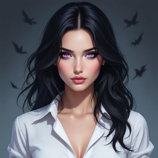 Show her entire body. Create mysterious woman jet-black hair is cut sharp to her jawline, and her violet eyes seem to pierce through darkness. A shadowy aura clings to her form, faint shapes shifting and flickering behind her like whispers of another realm. Show whole body head to toe