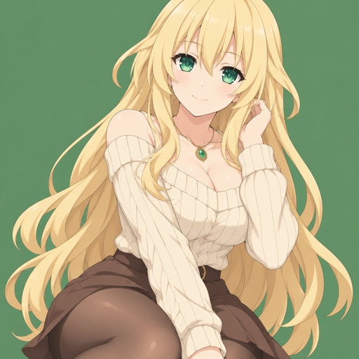 Green Heart ,Neptunia, cream sweater, brown skirt