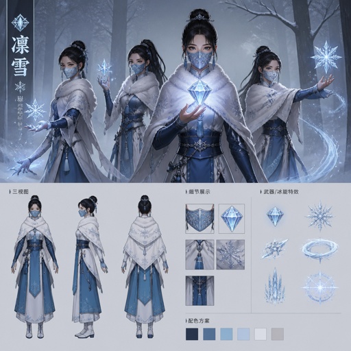 Female superhero with ice powers, mask, Asian , warm shawl, diamond in forest , multiple of the same character 