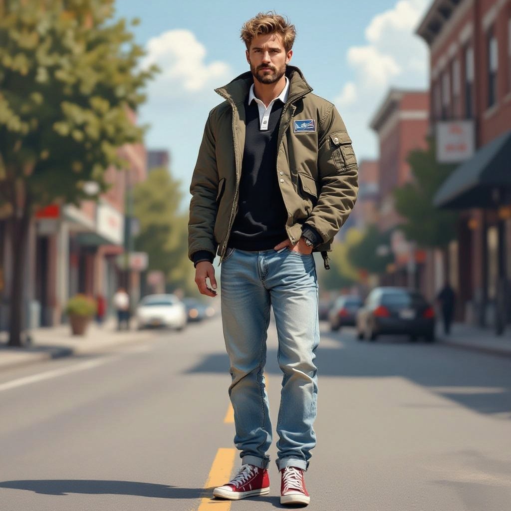 man with Dirty Blonde Unkempt Hair and Goatee. Astronaut Flight Jacket Black And White Polo and Light blue denim jeans with red sneakers