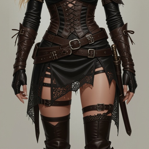 Blonde pixie cut Female High Elf Rogue Assassin in Black and Brown Shear Lace & Leathers and Skirt ripped and torn