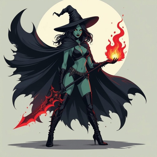 sexy shadow demon witch gypsy slate grey skin large black billowing cloak that emits darkness and shadow. Two piece. Witches Hat.  Wields Evil  Flamberge