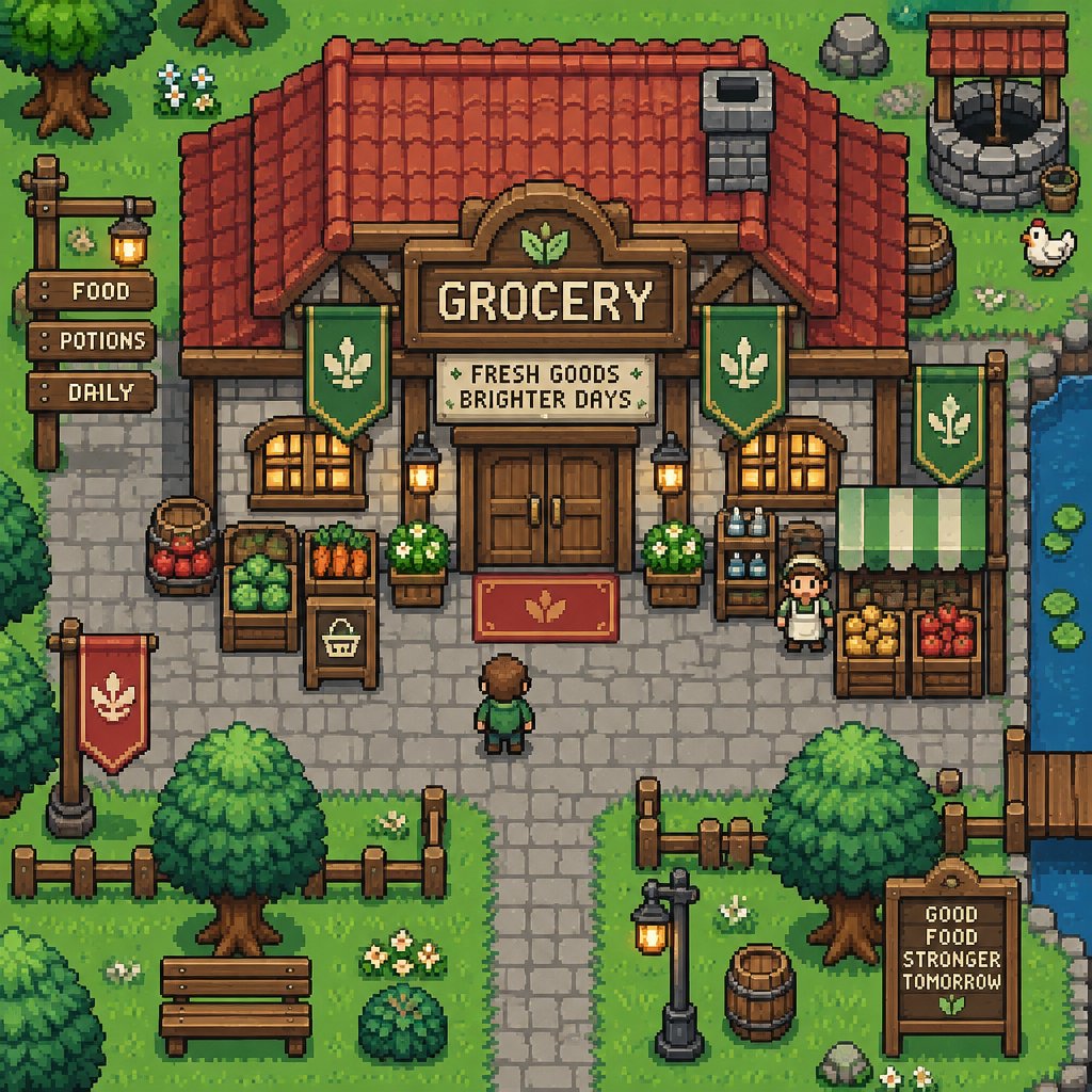 Grocery store for a fantasy game set in modern times, exterior, top down style, shading and highlights