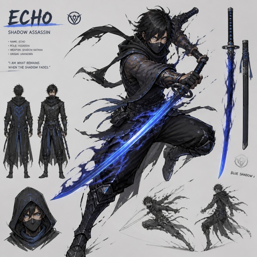 male assassin name echo, time power, light blue eyes, blue shadow katana