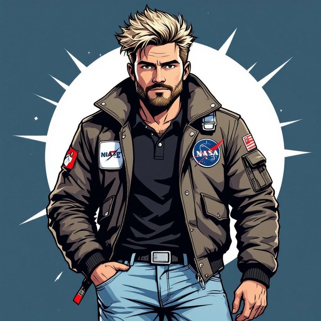 man with Dirty Blonde Unkempt Hair and Goatee. Astronaut Flight Jacket Black And White Polo and Light blue denim jeans with red sneakers