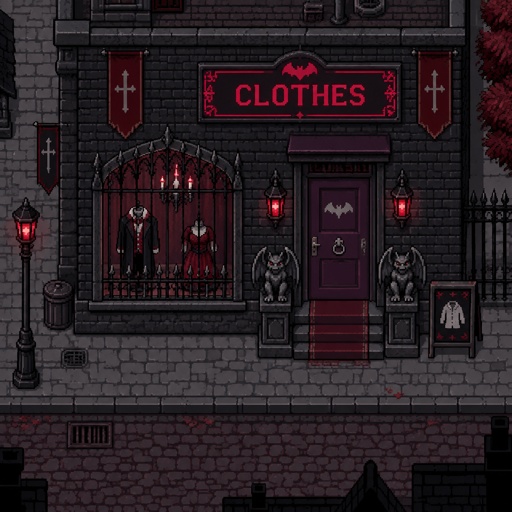 Vampire clothes store for a fantasy game set in modern times, exterior, full building, top-down style
