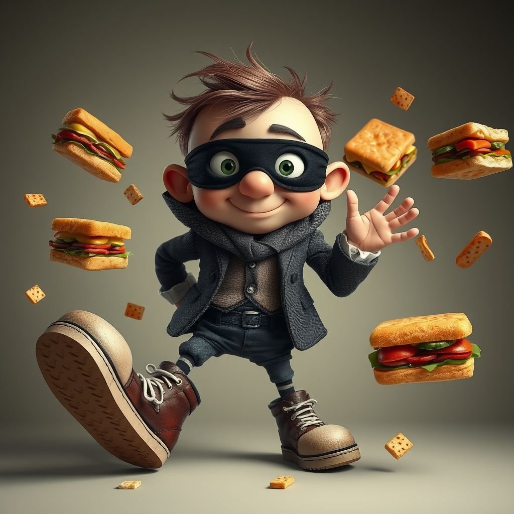 Create a funny looking clumsy thief with funny shoes on. Make him have on the bandit black thing around his eyes. And wanted for stealing sandwiches