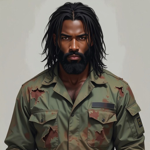 A African American man with a black beard and black medium long hair wearing a medical uniform