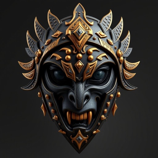 A female war mask with gold accents