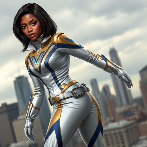 A teenage African American female superhero with hair in a shoulder length side part style wearing a mask wearing a partially leather white and Gold suit with blue accents and a stylized V as her chest emblem a utility belt and silver boots standing in Philadelphia during a cloudy day