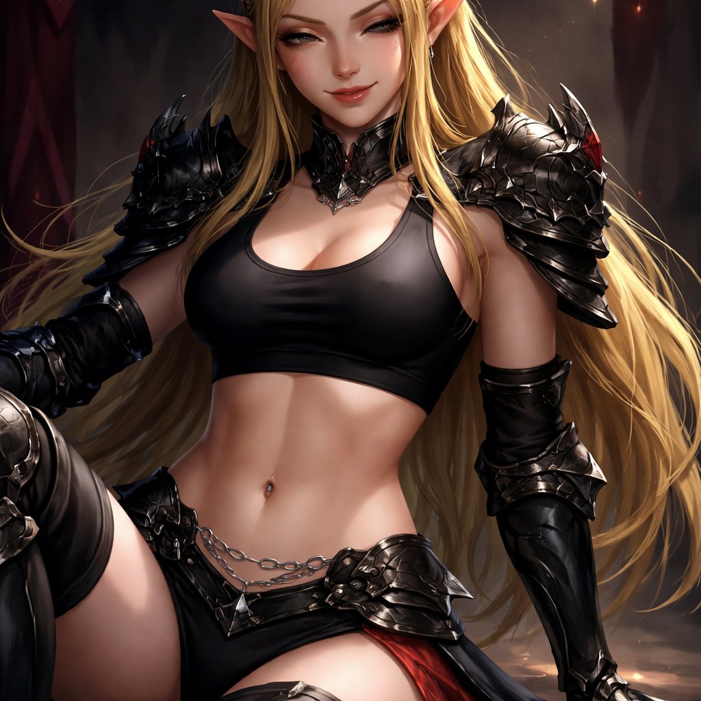Evil princess Zelda in a sports bra with a navel piercing chain and black armour on her legs and shoulders winking