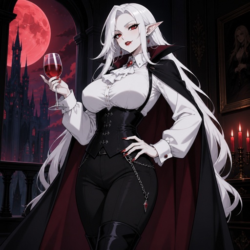 A voluptuous, and busty vampiress. She has long white hair, red eyes, white skin, pointed ears, black eye shadowing, and red lipstick, and is dressed in black pants, black boots, a white long-sleeved shirt, a white jabot, a black corset, and a long black cape. 