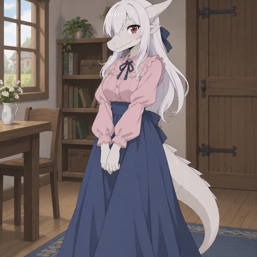 White long hair, red eyes, female kobold,pink blouse, long blue skirt