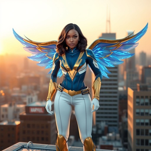 A young African American female superhero with shoulder length hair in a side part style wearing a blue and white suit made of spandex like material that’s slightly armored with gold accents with white pants and gold boots with a stylized V as her chest emblem with wings made of blue fire standing on a roof in a Philadelphia at dawn